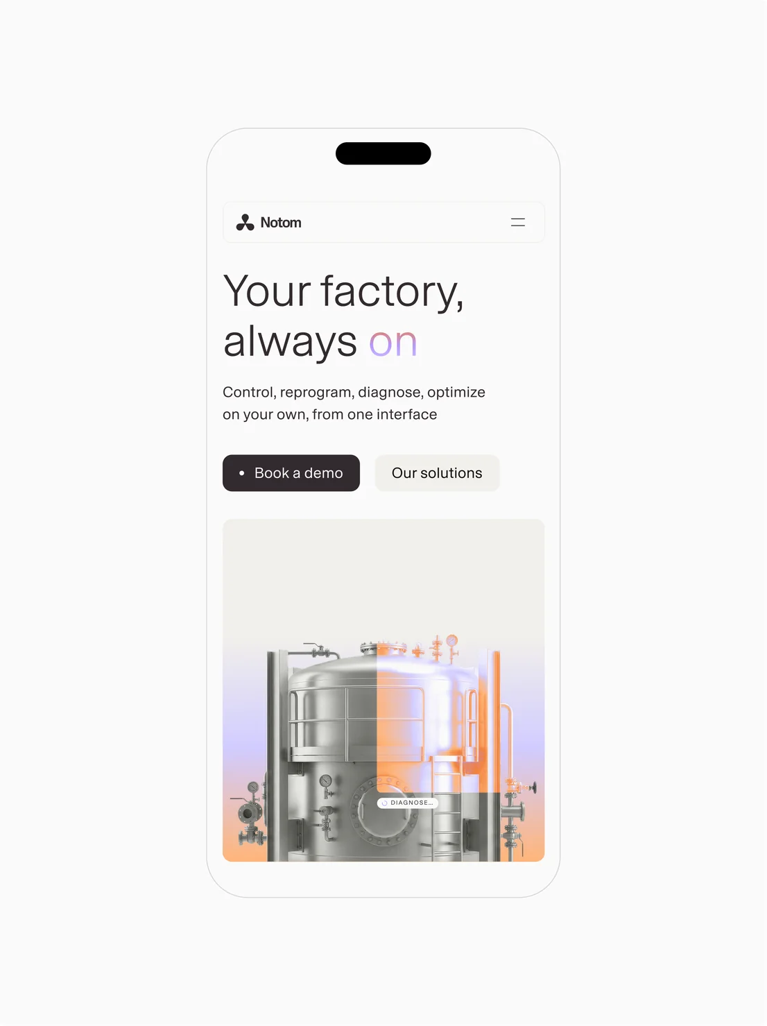 Notom website on mobile, homepage