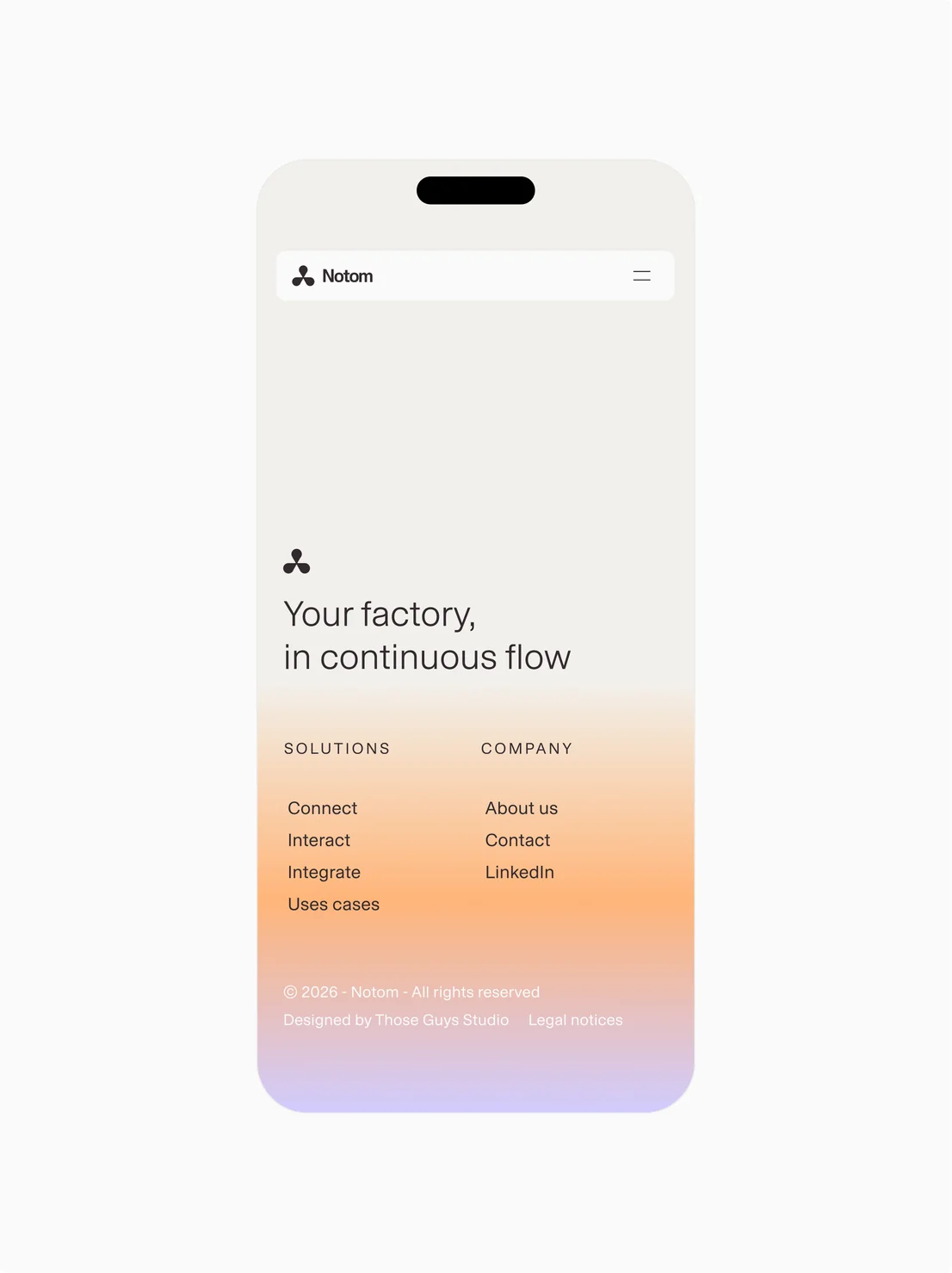 Notom website on mobile, footer